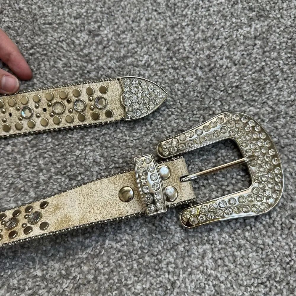 Rhinestone Western Belt Womens M Gold Genuine Leather Studded Rodeo Cowgirl Goth